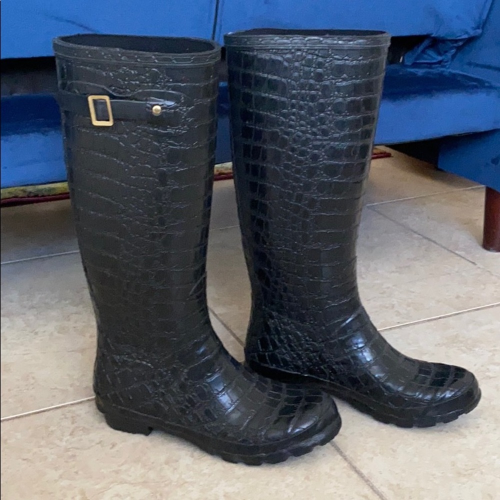 Tall black rain boots alligator with buckles